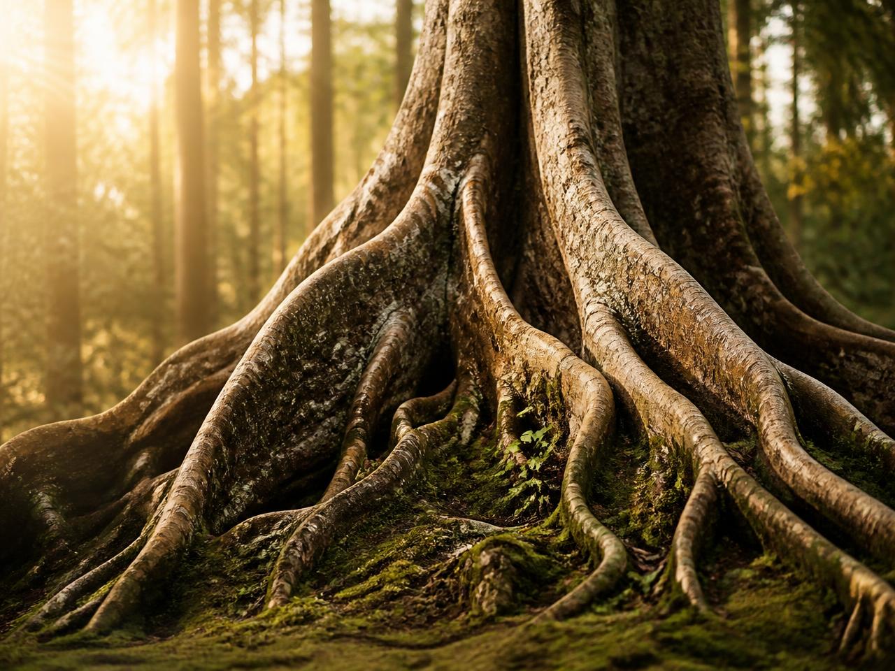 Ancient tree roots gripping a mossy forest floor in golden light